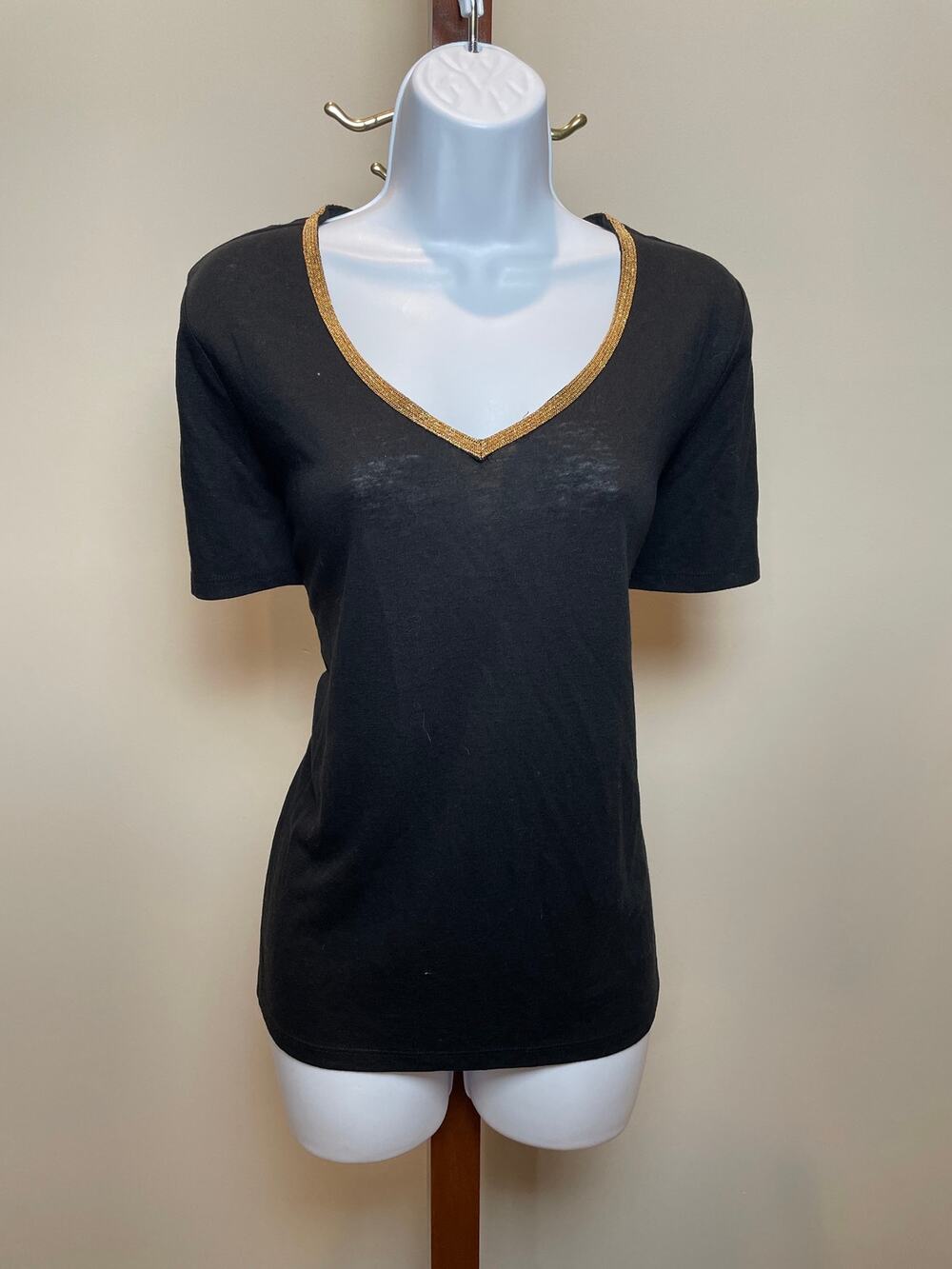 Talbots Linen Blend V Neck Top Size L Black Rose Gold Detail